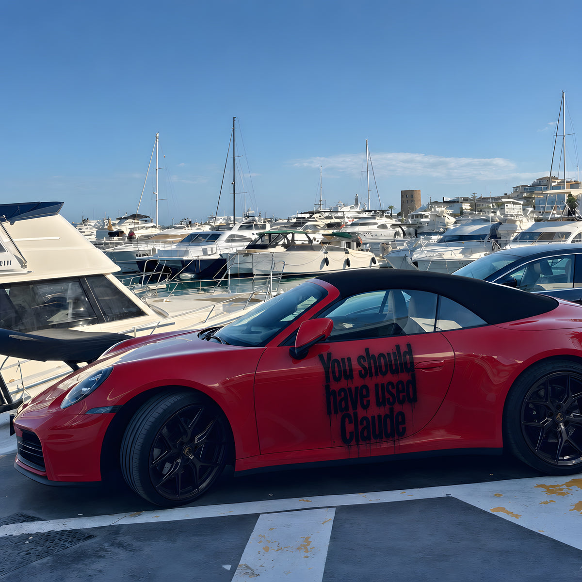 Red Porsche 911 cabriolet tagged "You should have used Claude" — Marbella marina
